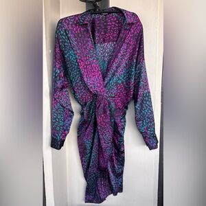 Express Portofino Faux Wrap Dress Purple/Teal/Black Geometric Long Sleeve Small